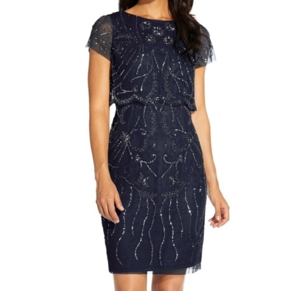 Adrianna Papell - Beaded Embellished Overlay Cocktail Dress.